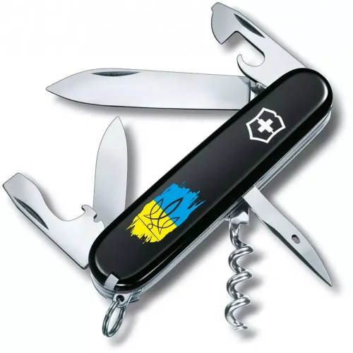 Ножі та мультитули Victorinox Складной нож Victorinox Spartan Ukraine 91мм 12 функций Черный Трезубец фигурный на фоне флага (1.3603.3_T1026u)