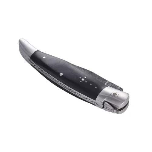 Другие ножи, комплекты и аксессуары Складаний ніж Laguiole 21.5 см чорне дерево пакка, малюнок на лезі "дамаська сталь", металева коробка (40269048)