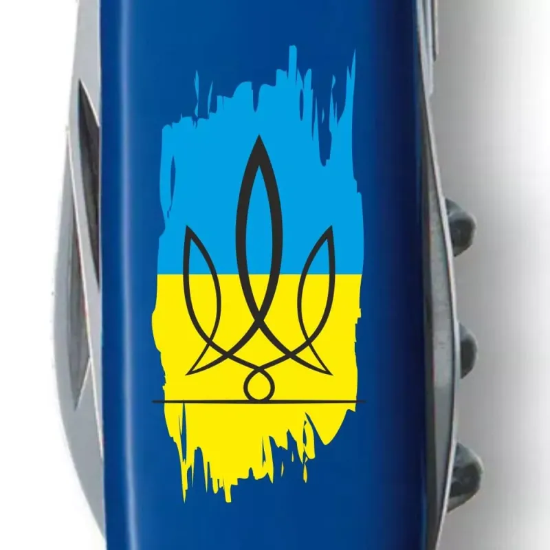 Складной нож Victorinox Spartan Ukraine 91мм 12 функций Синий Трезубец фигурный на фоне флага (1.3603.2_T1026u)