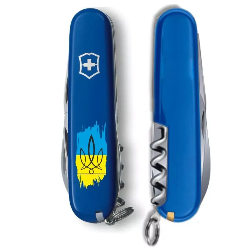 Складной нож Victorinox Spartan Ukraine 91мм 12 функций Синий Трезубец фигурный на фоне флага (1.3603.2_T1026u)