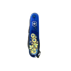 Складаний ніж 91 мм Victorinox Climber Ukraine 14 функцій, 3 шари, синій напівпрозорий, Квіти (1.3703.T2_T1050u)