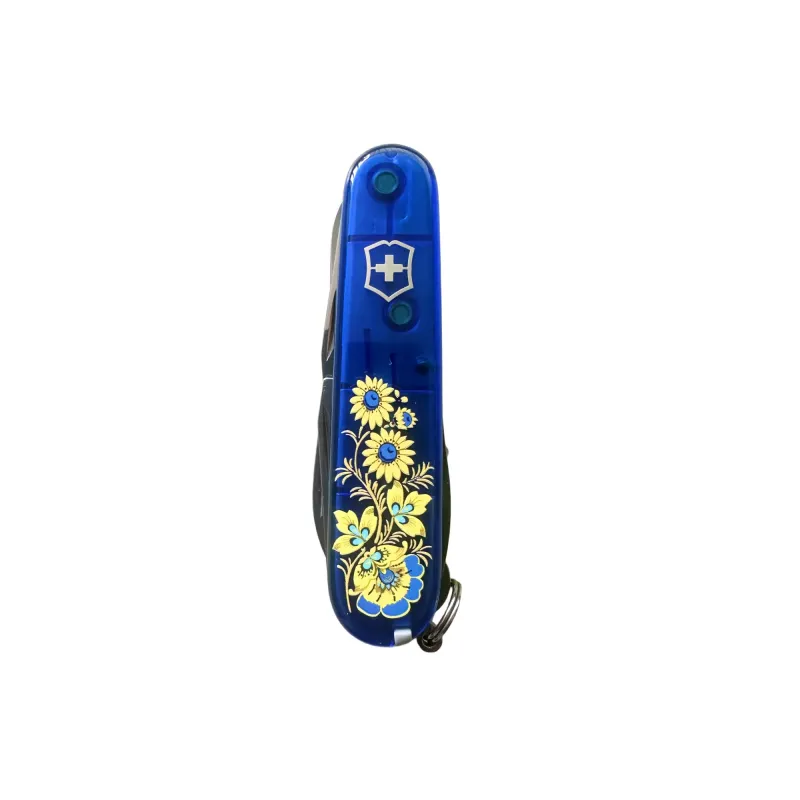 Складаний ніж 91 мм Victorinox Climber Ukraine 14 функцій, 3 шари, синій напівпрозорий, Квіти (1.3703.T2_T1050u)