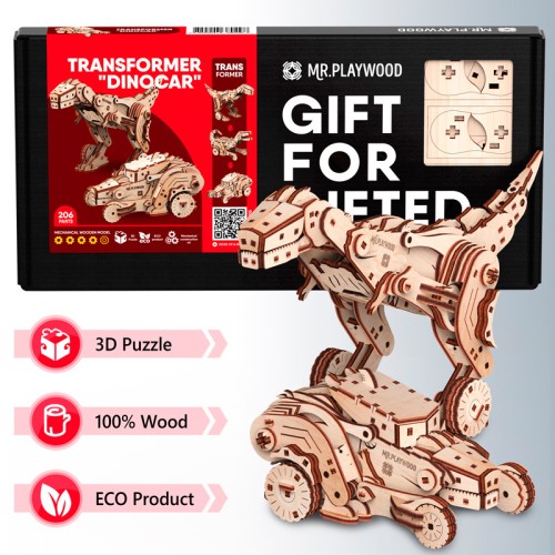 Mr.Playwood Трансформер Дінокар конструктор механічний дерев'яний 3D 206 дет.Лісовичок - скарбничка конструктор механічний дерев'яний 3D 63 дет.