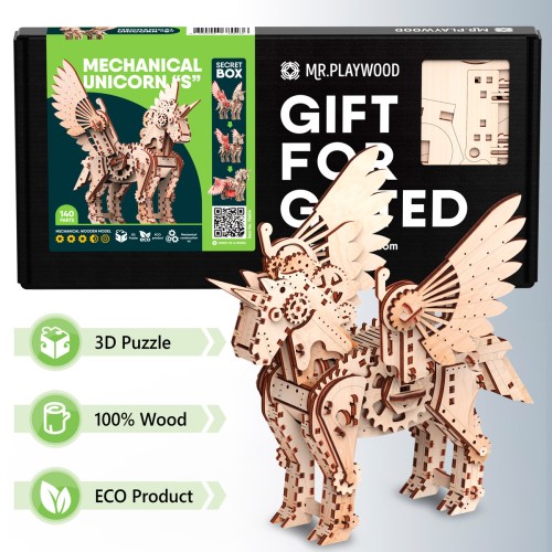 Mr.Playwood Єдиноріг S конструктор механічний дерев'яний 3D 140 дет.