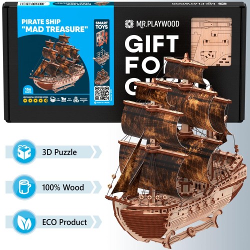 Mr.Playwood Корабель піратський "Божевільний скарб" конструктор механічний дерев'яний 3D 156 дет