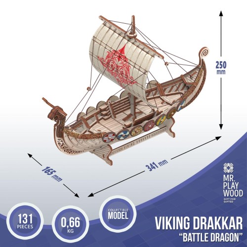 Mr.Playwood Корабель Драккар Вікінгів "Бойовий Дракон" конструктор механічний дерев'яний 3D 131 дет.