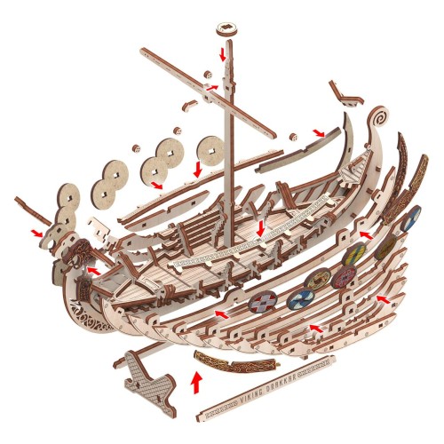 Mr.Playwood Корабель Драккар Вікінгів "Бойовий Дракон" конструктор механічний дерев'яний 3D 131 дет.