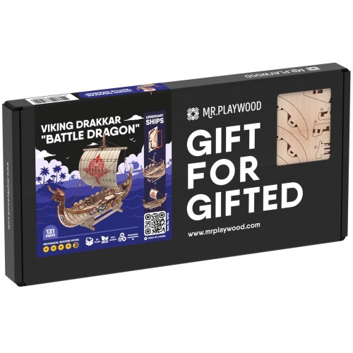 Mr.Playwood Корабель Драккар Вікінгів "Бойовий Дракон" конструктор механічний дерев'яний 3D 131 дет.