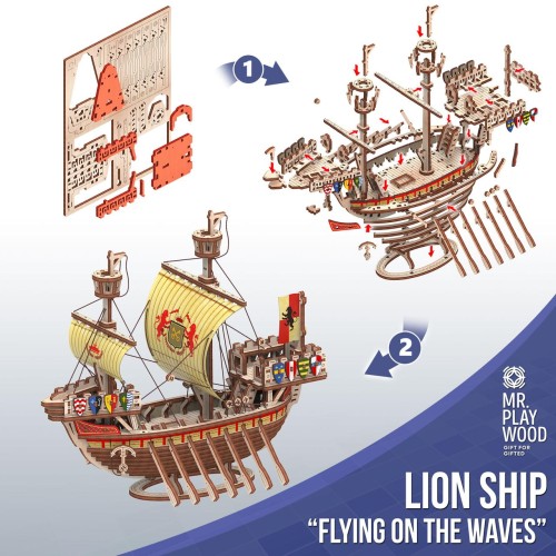 Mr.Playwood Корабель Лев "Летаючий по хвилях" конструктор механічний дерев'яний 3D 177 дет.