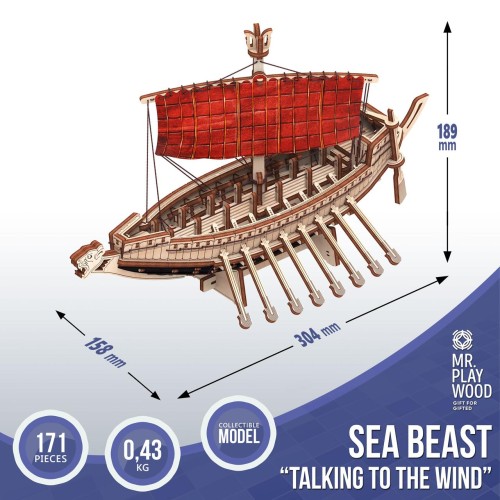 Mr.Playwood Корабель Морський Звір "Розмовляючий з вітром" конструктор механічний дерев'яний 3D 171 дет.