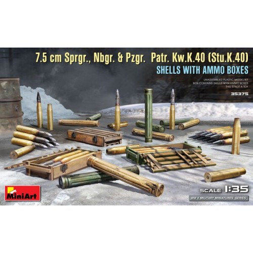 Сборная модель 1:35 Набор 7,5-см снаряды Sprgr., Nbgr. и Pzgr. Patr. Kw.K.40 (Stu.K.40) с ящиками