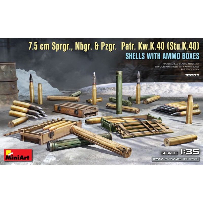 Сборная модель 1:35 Набор 7,5-см снаряды Sprgr., Nbgr. и Pzgr. Patr. Kw.K.40 (Stu.K.40) с ящиками
