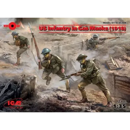 Пехота США в противогазах, 1918 г.