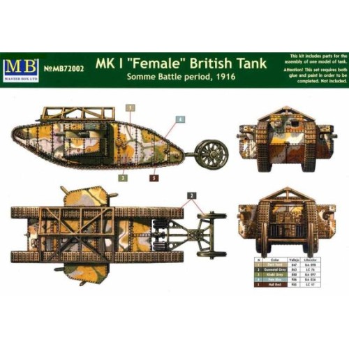 Збірна модель 1:72 Британський танк MK I «Female», період битви на Соммі, 1916 MasterBox 72002