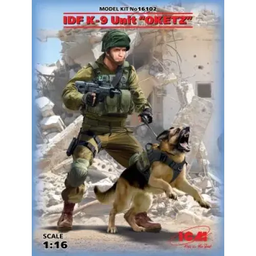 Сборная модель 1:16 Фигура Офицер подразделения К-9 IDF с собакой ICM 16102