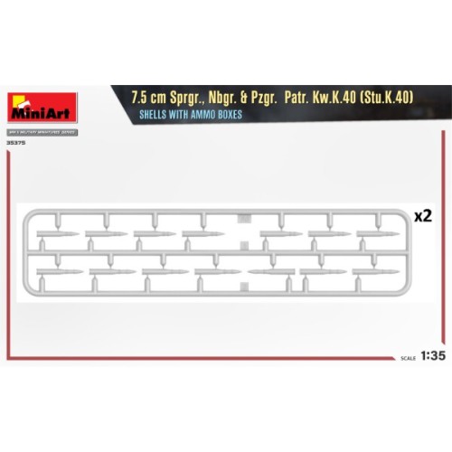 Ракети та боєкомплекти Збірна модель 1:35 Набір 7,5 см снаряди Sprgr., Nbgr. та Pzgr. Patr. Kw.K.40 (Stu.K.40) із ящиками для боєприпасів MiniArt 35375