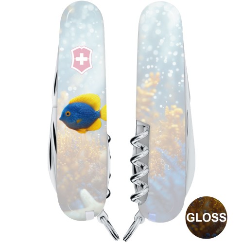 Ножи и мультитулы Victorinox Швейцарский складной нож 91мм Victorinox CAMPER DESIGN Желто-голубая рыбка 1.3613.7.R2020pk