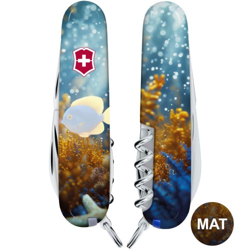 Ножи и мультитулы Victorinox Швейцарский складной нож 91мм Victorinox CAMPER DESIGN Желто-голубая рыбка 1.3613.7.R2020pk