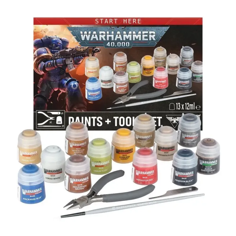 Набор WARHAMMER 40000: краски 40K + инструменты (англ./исп./порт./латв./рум.)